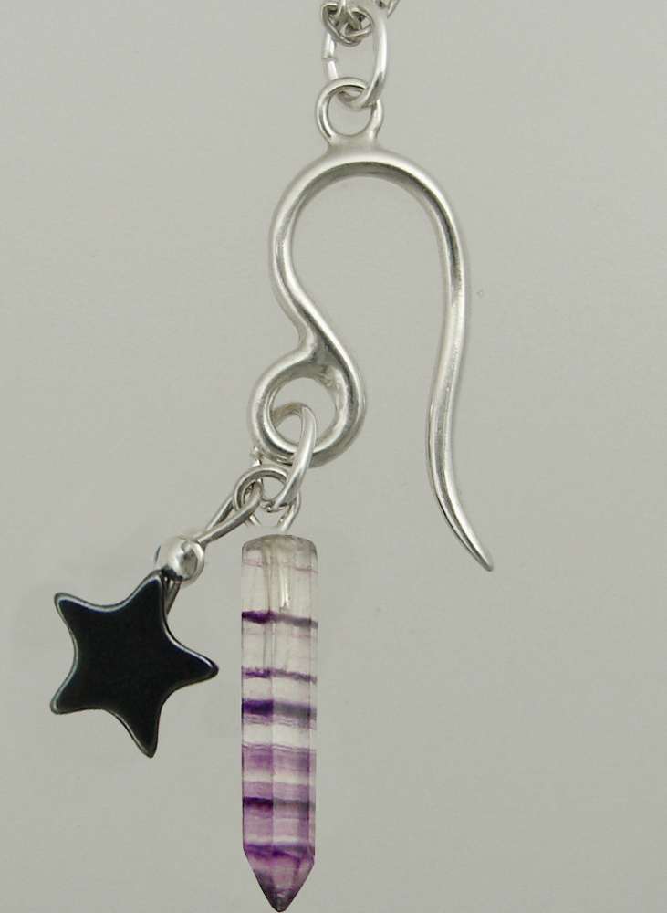 Sterling Silver Leo Pendant Necklace With an Fluorite Crystal And a Black Onyx Star